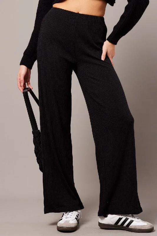 Trendy Women's Apparel for All Seasons Black Wide Leg Pants Rib Jersey