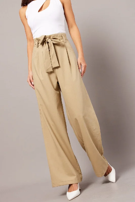 Sporty Streetwear Beige Wide Leg Pants Waist Tie