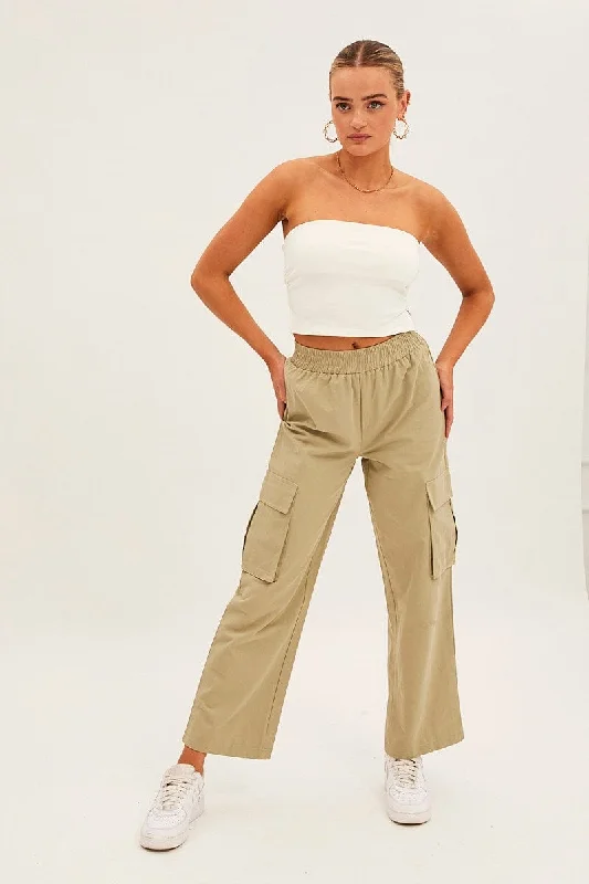 Fashion Forward Green Elastic Waist High Rise Wide Leg Cargo Pants