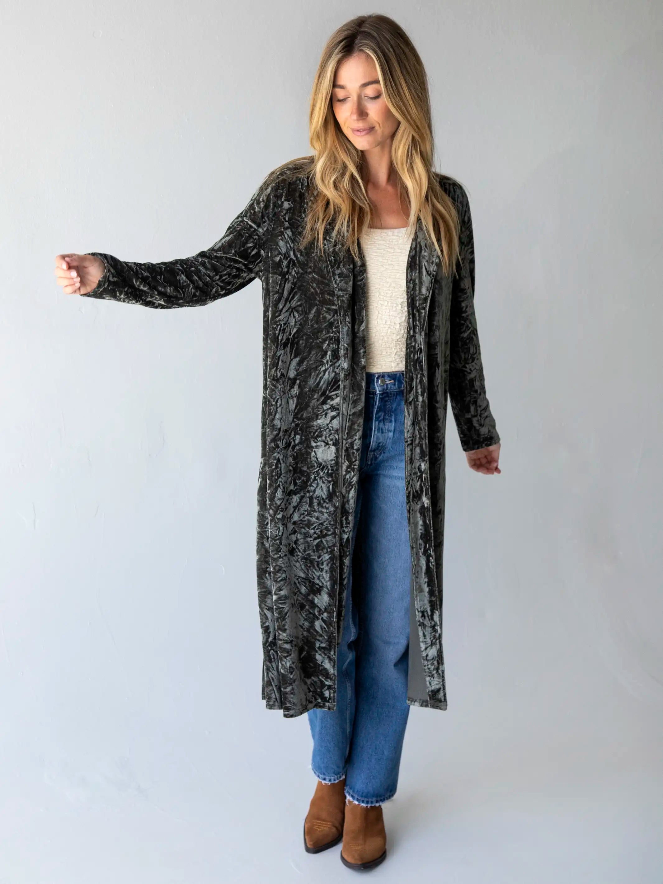 Summer Deals Lennon Long Velvet Duster - Olive