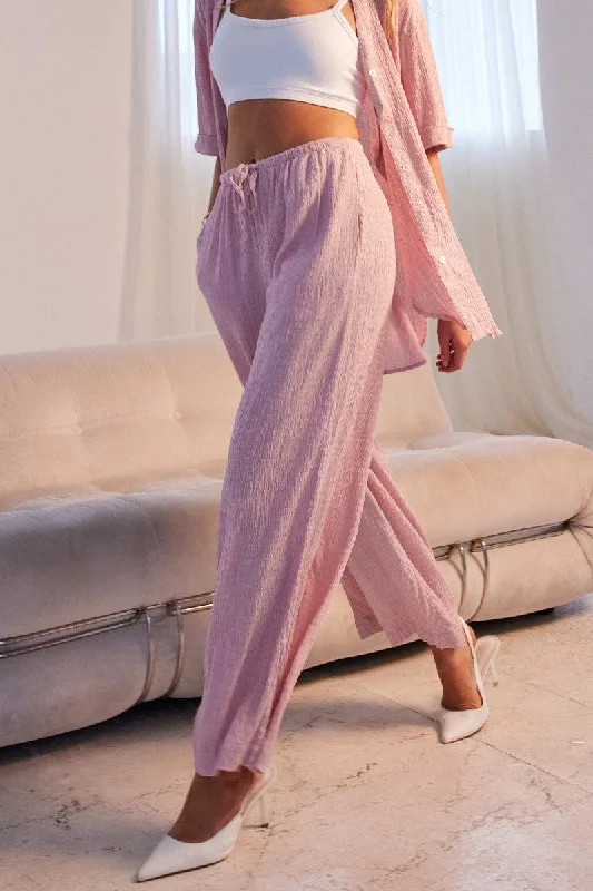 City Fashion Pink Wide Leg Pants High Rise Textured Fabric