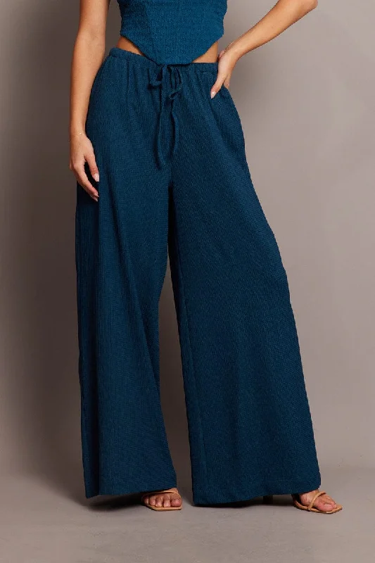 Clothing Woman Blue Wide Leg Pants High Rise Textured Fabric