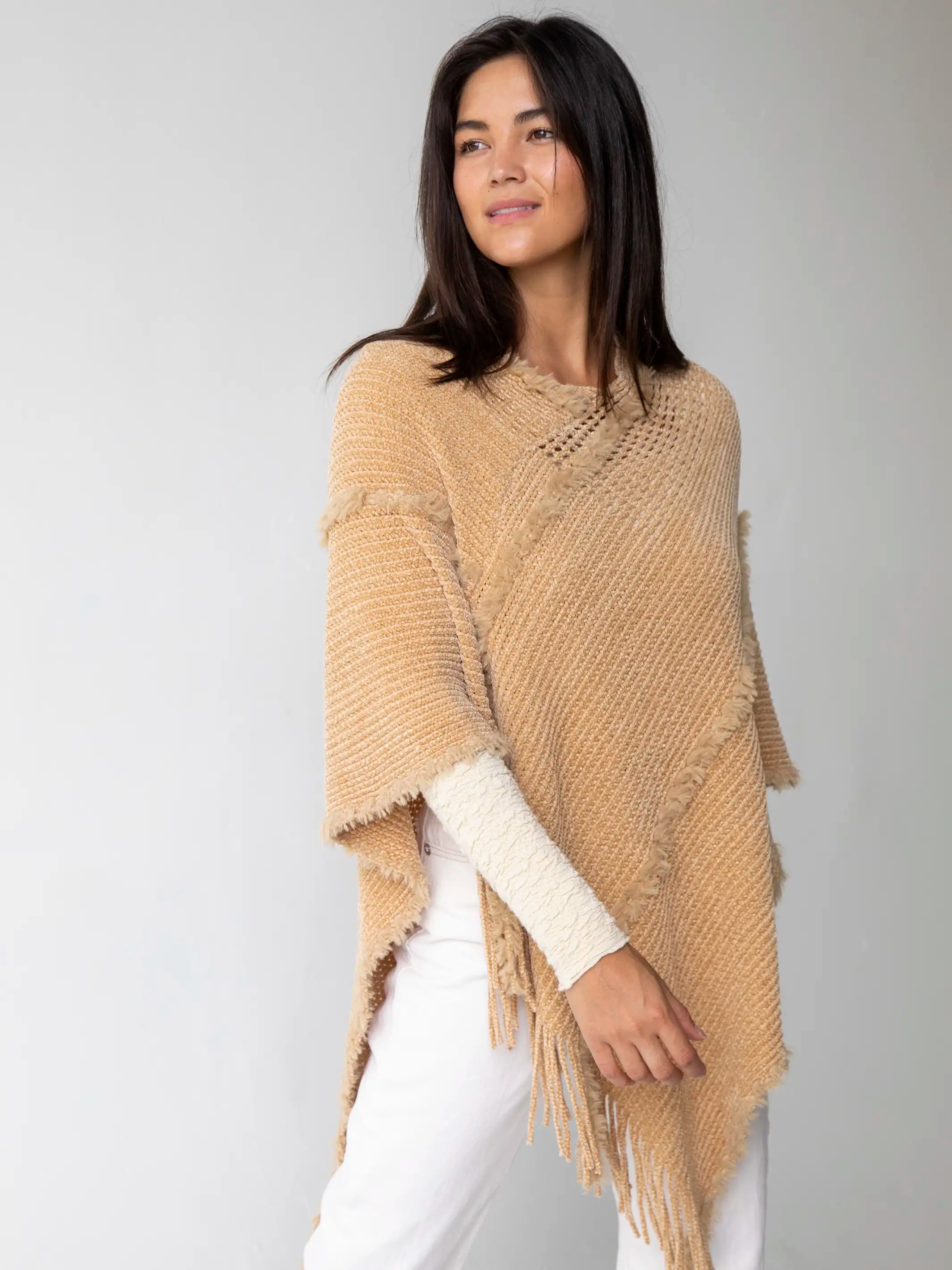 Runway Inspired Wear Chenille Poncho Scarf - Tan