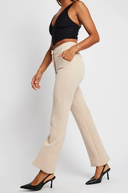 Women's Fashion Clothing Beige Slim Pants High Rise