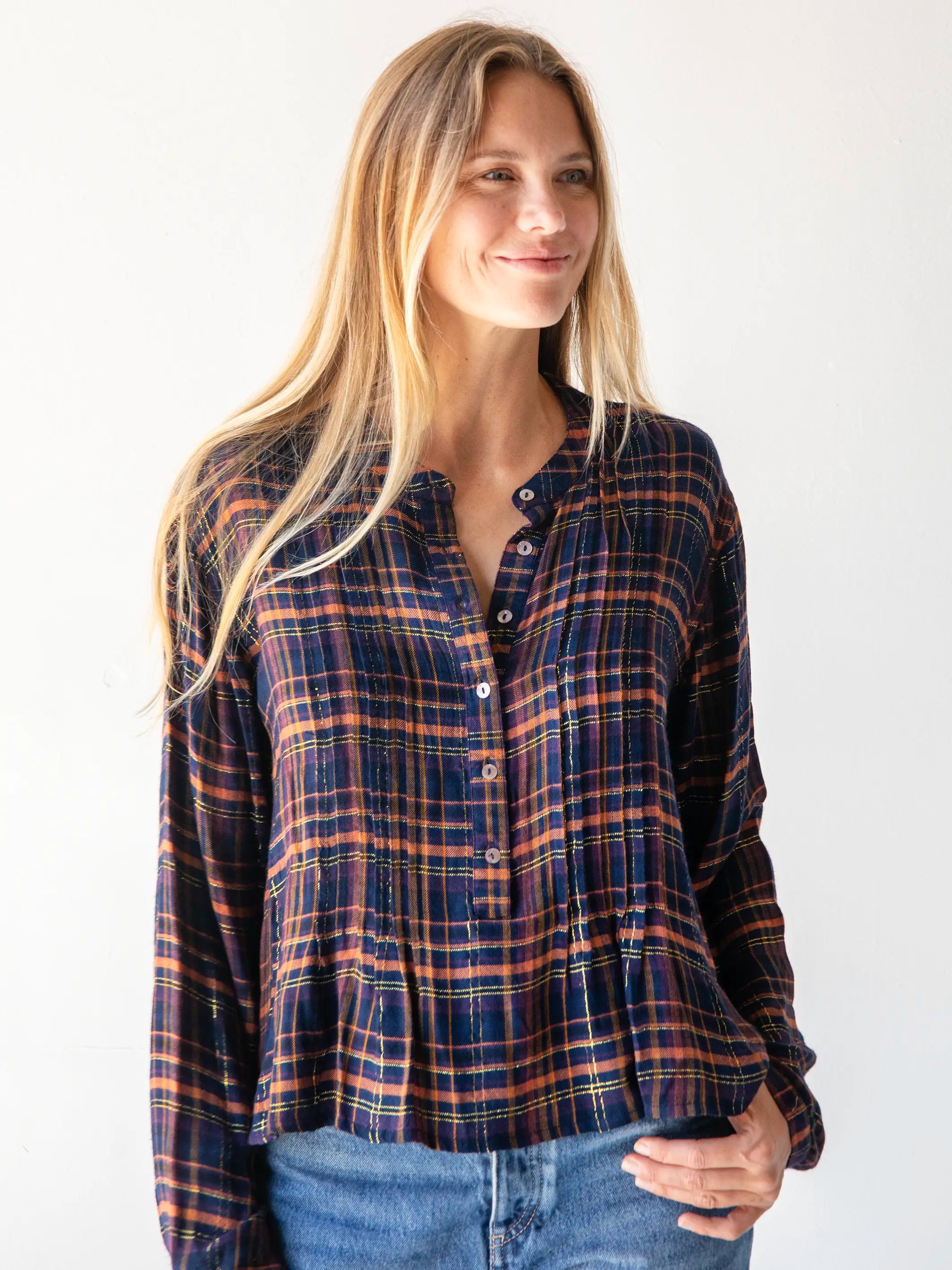 Premium Quality Garments Montana Top - Navy Orange Plaid