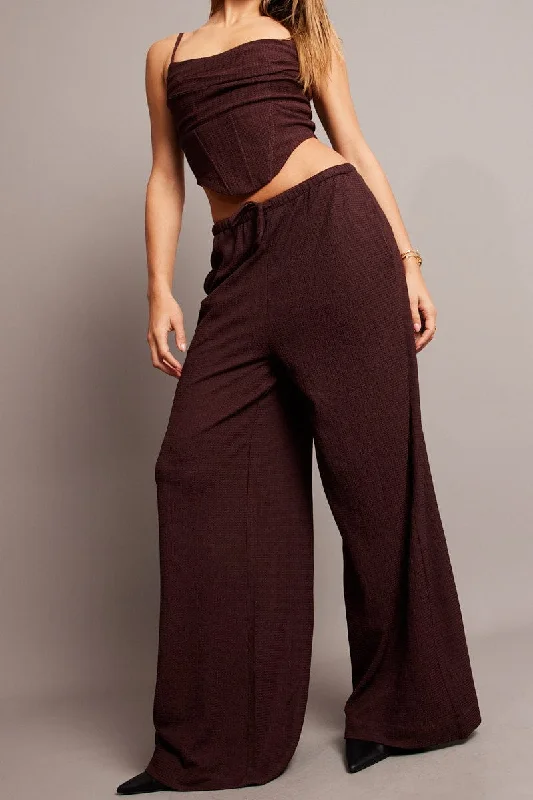 Current Trends Brown Wide Leg Pants High Rise Textured Fabric