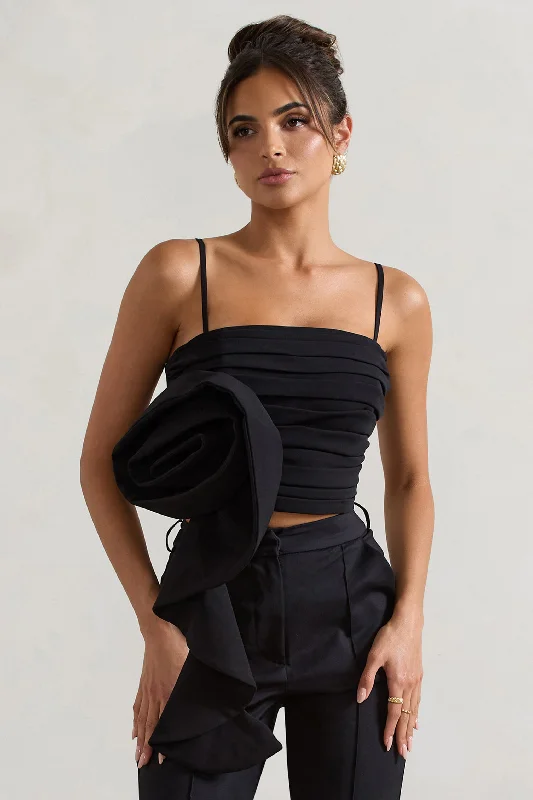 Outlet Clothing Whirlwind | Black Strappy Top With Oversized Ruffle Detail