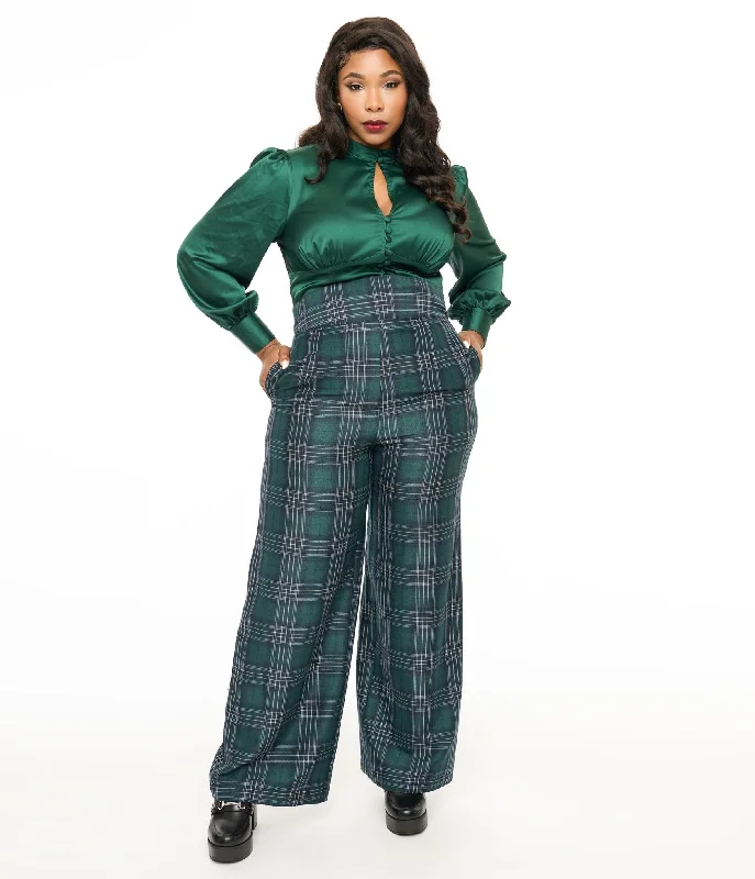 Save Big Unique Vintage Plus Size 1940s Green & Black Plaid High Waist Pants