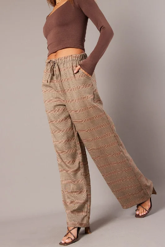 Season Appropriate Women's Collection Beige Check Wide Leg Pants Elastic Waist