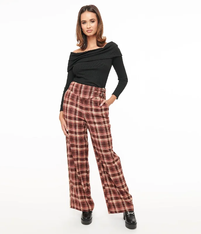 Clearance Event Unique Vintage Burgundy Plaid Double Belt Woven Pants