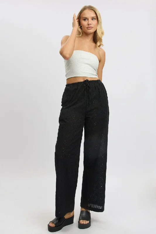 Minimalist Style Black Wide Leg Pants High Rise Eyelet Fabric