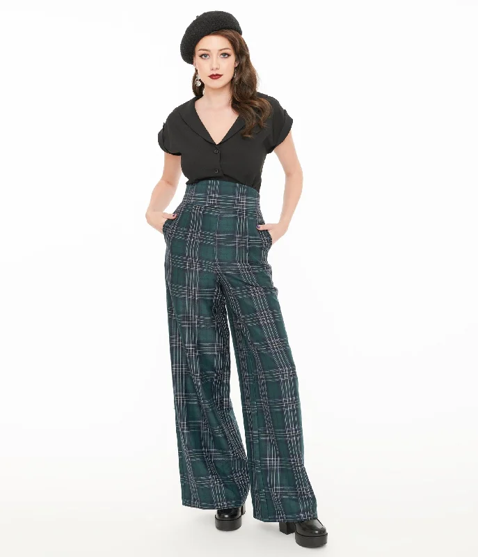 Latest Fashion Unique Vintage 1940s Green & Black Plaid High Waist Pants