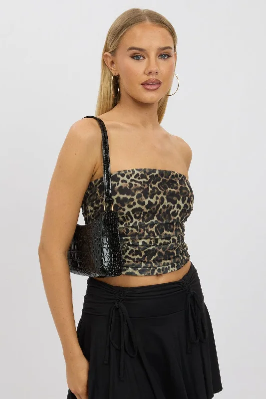 Designer Women's Fashion Online Brown Animal Print Boob Tube Top Mesh