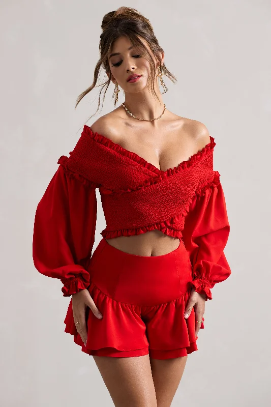 Extreme Clearance Deals Salara | Red Ruched Bardot Top With Balloon Sleeves