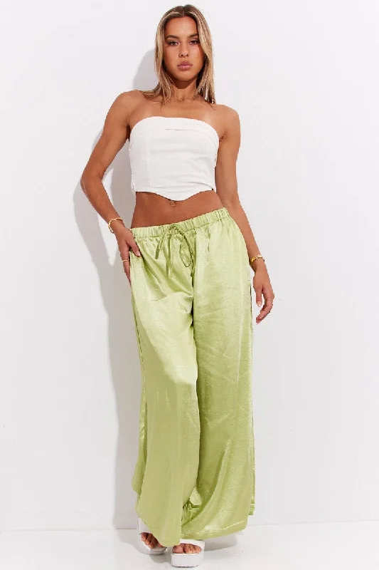 Flash Sale Starts Green Pant High Elastic Waist Tie Front Wide Leg Satin