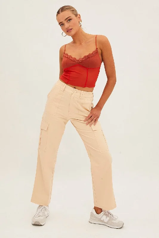 Special Offer Beige High Rise Wide Leg Cargo Pants