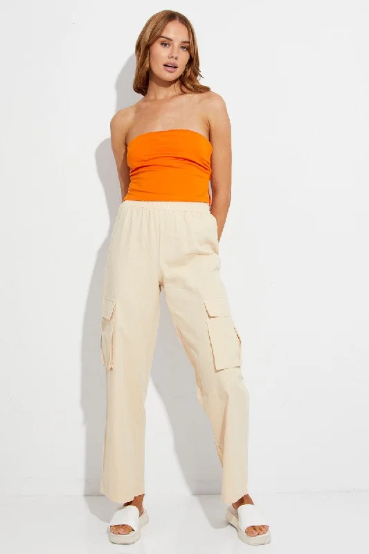 Trendy Threads Beige Elastic Waist High Rise Wide Leg Cargo Pants