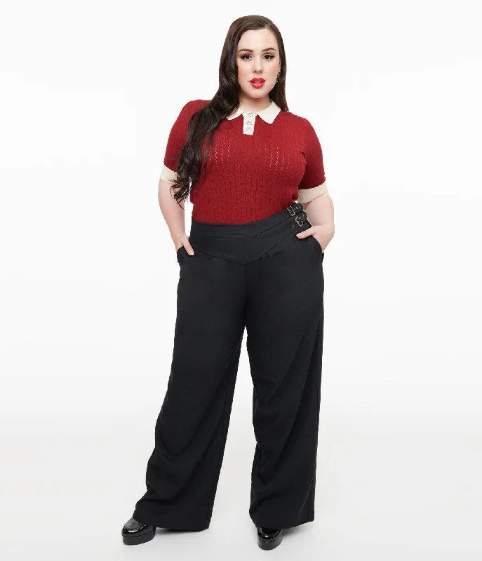 Versatile Wardrobe Essentials Unique Vintage Plus Size Black Double Belt Woven Pants