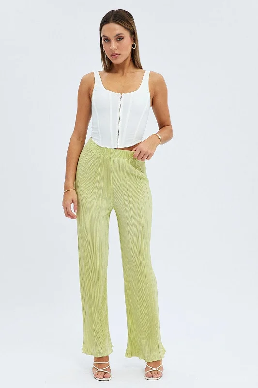 Chic Styles Green Plisse Pants Wide Leg High Rise