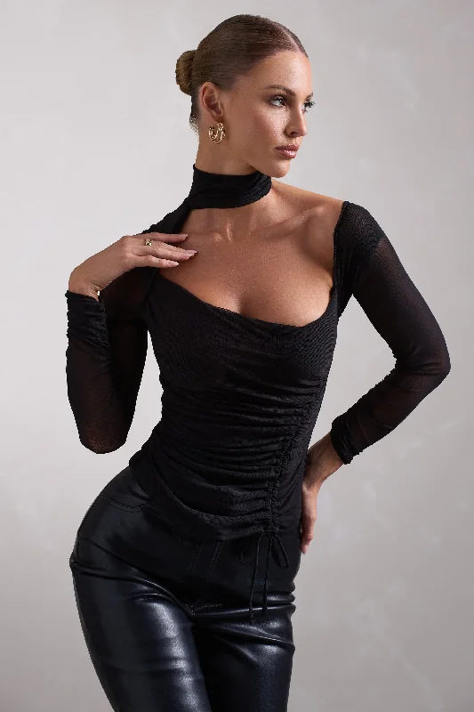 Luxury Fashion Nicole | Black Ruched Mesh Asymmetric Top With Long Sheer Sleeves