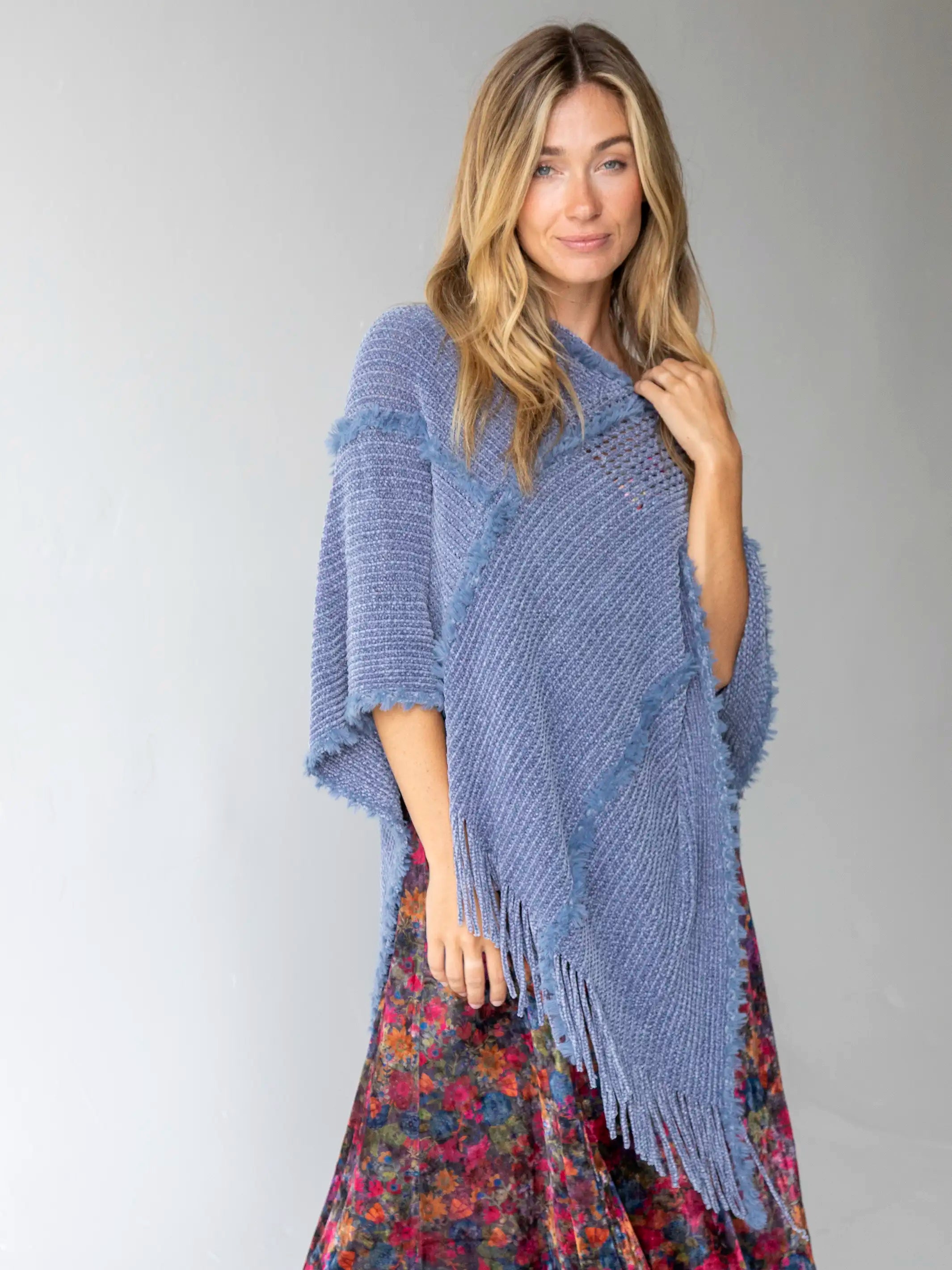 Comfort First Women's Fashion Chenille Poncho Scarf - Light Blue