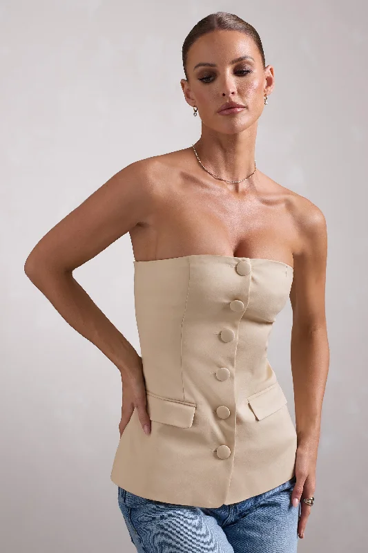 Everyday Wear Elliana | Stone Strapless Button Front Tailored Top