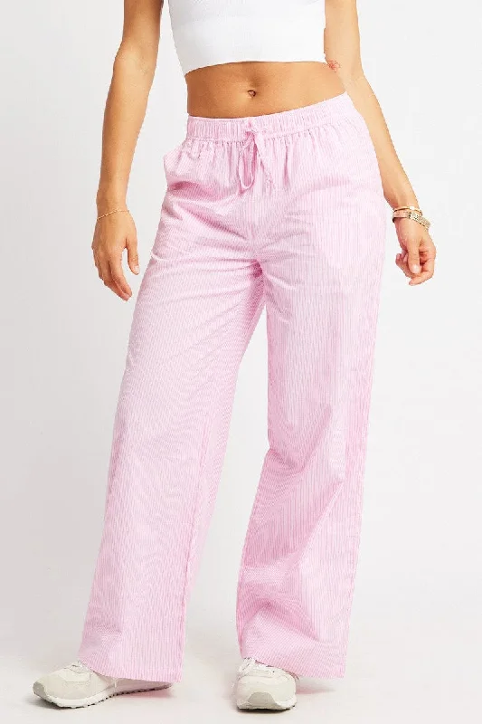 Women Online Clothing Boutiques Pink Stripe Wide Leg Pants High Rise