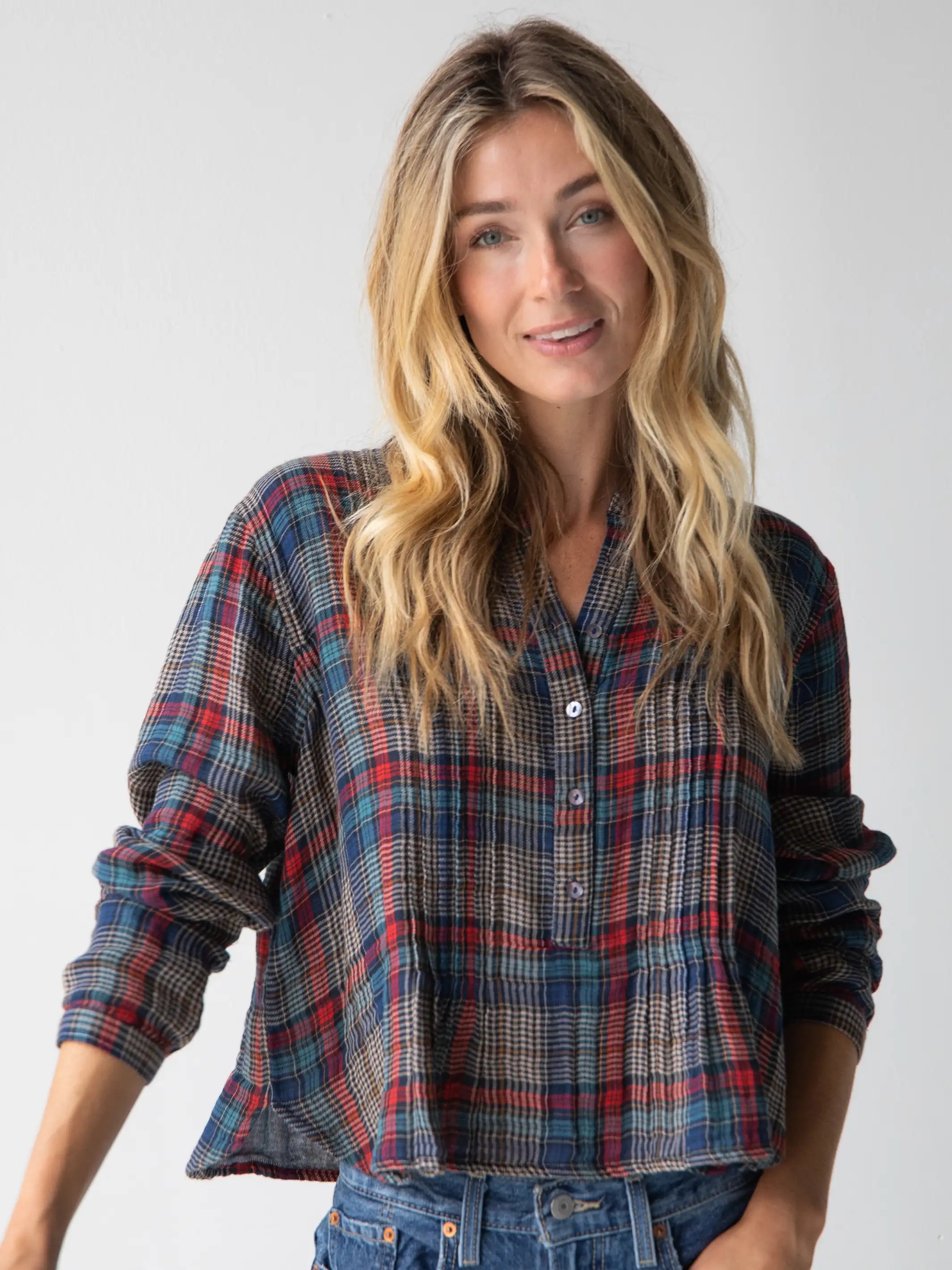 Fashion Forward Femininity Montana Top - Navy Red Plaid Gauze