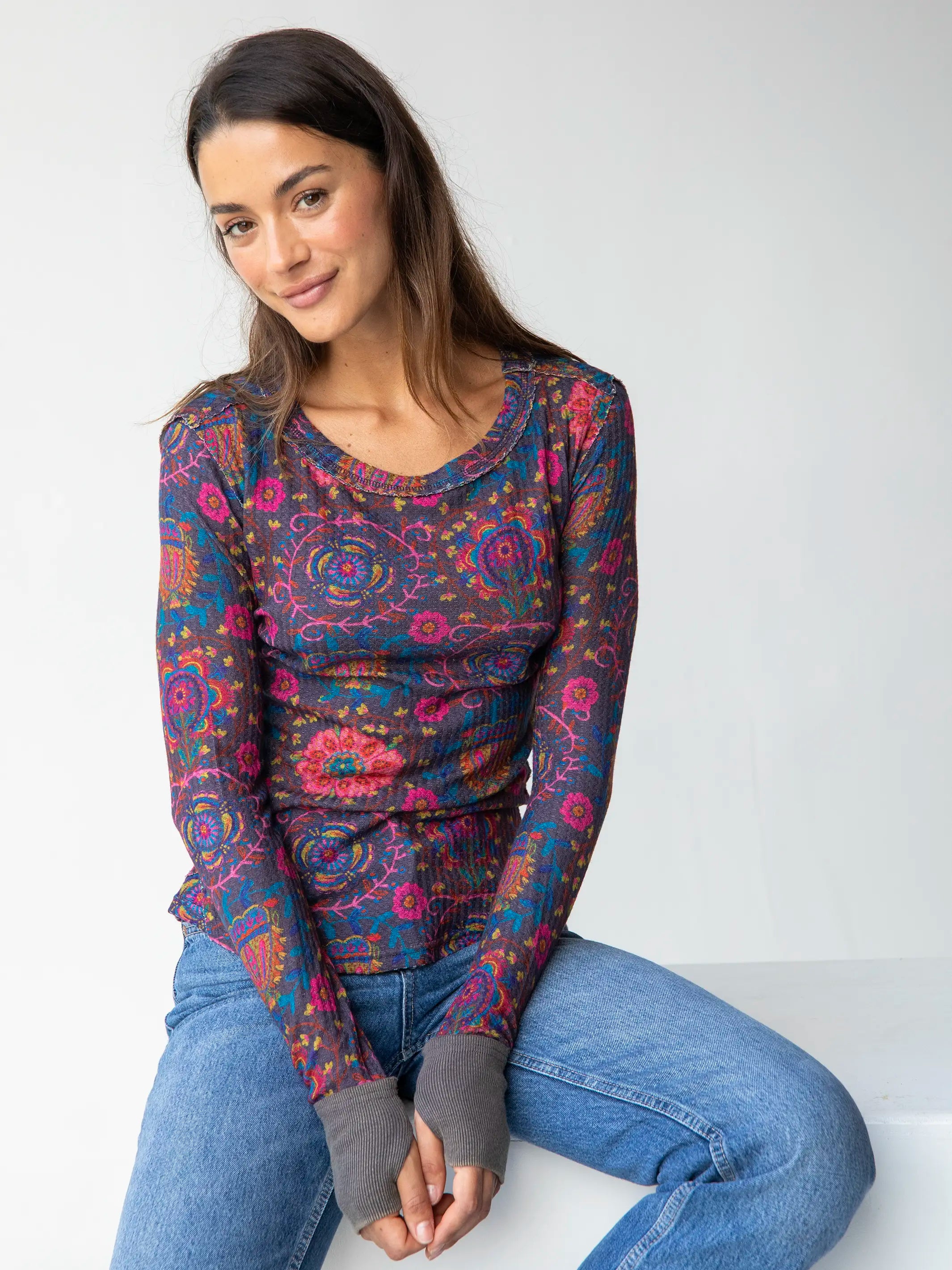 Stylish Basics Brooklyn Raw Edge Thermal Top - Black Printed Folk Circles