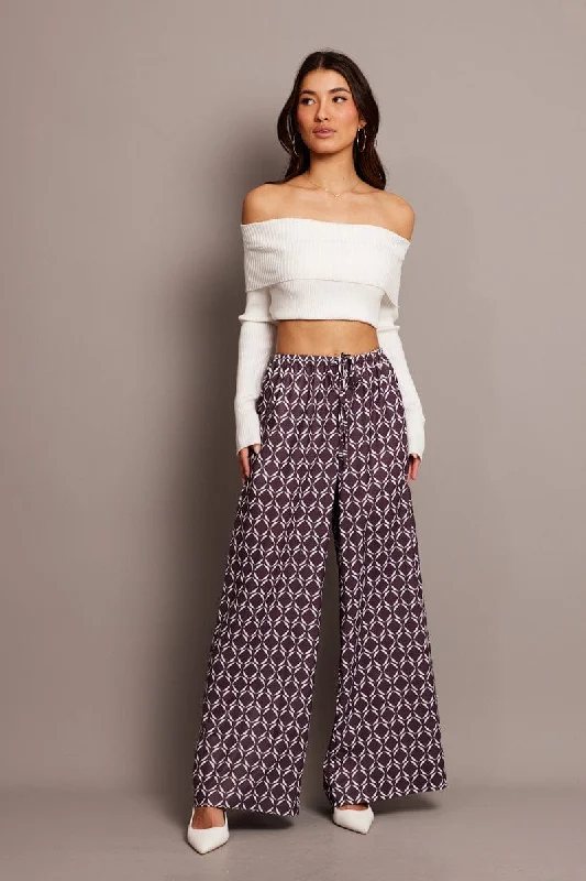 Clothing Store Brown Geo Wide Leg Pants High Rise