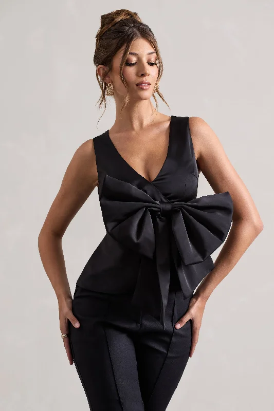 Women Clothing Adoration | Black Satin Plunge-Neck Top With Bow