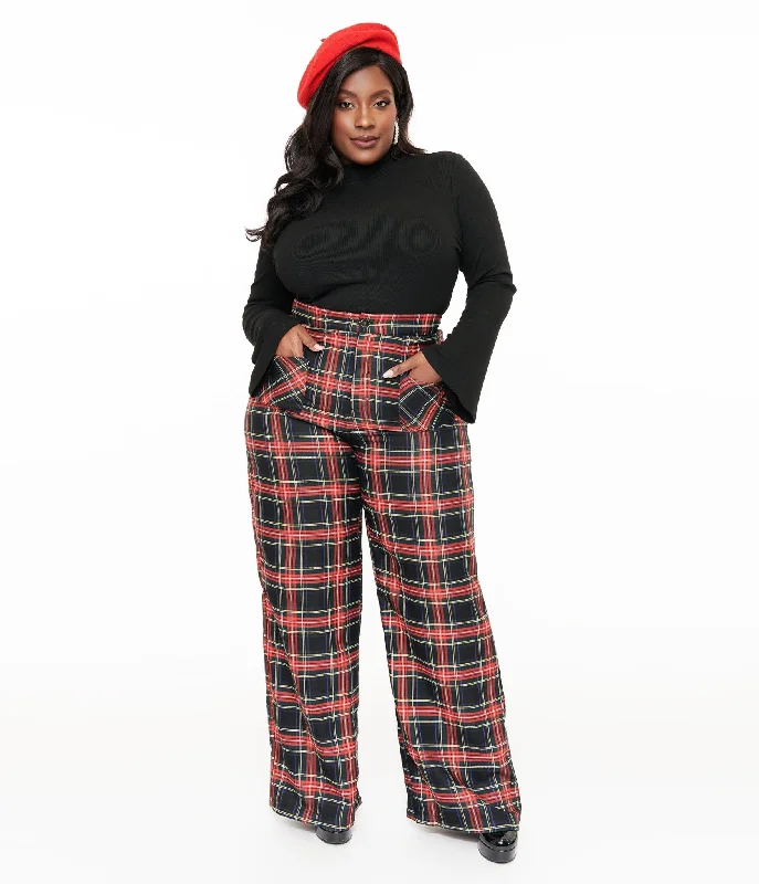 Stylish Looks Smak Parlour Plus Size 1960s Black & Red Plaid Wide Leg Trousers