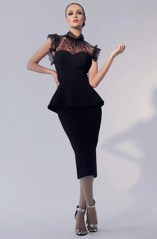 End Of Season Sale Clothing Nicole Bakti - 605 Illusion High Neck Peplum Cocktail Dress