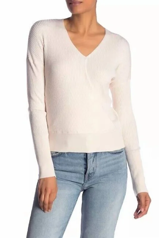 Hot Deals Faux Wrap Ribbed Knit Surplice V Neck Sweater In Ivory