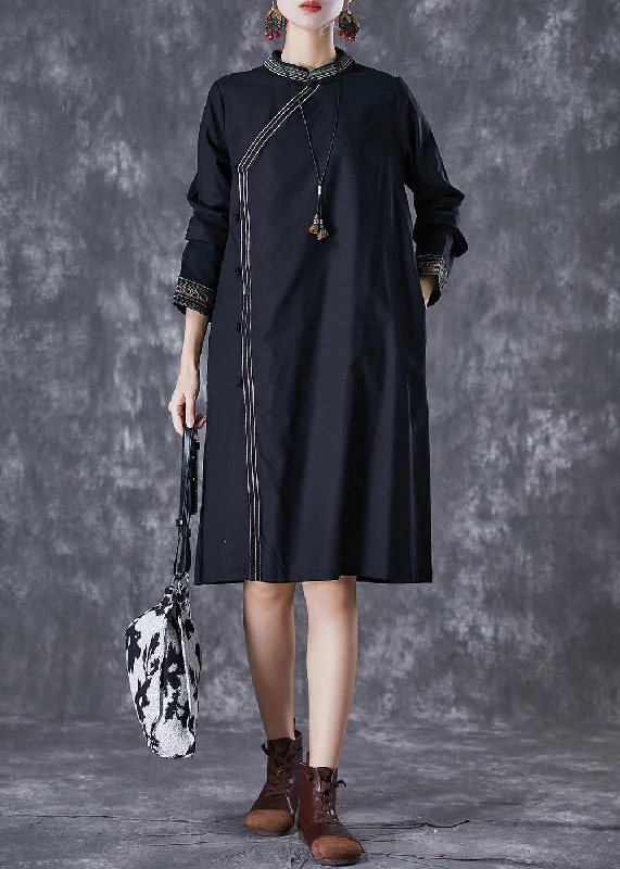 Trendy Online Boutiques Italian Black Embroideried Chinese Button Linen Dress Fall