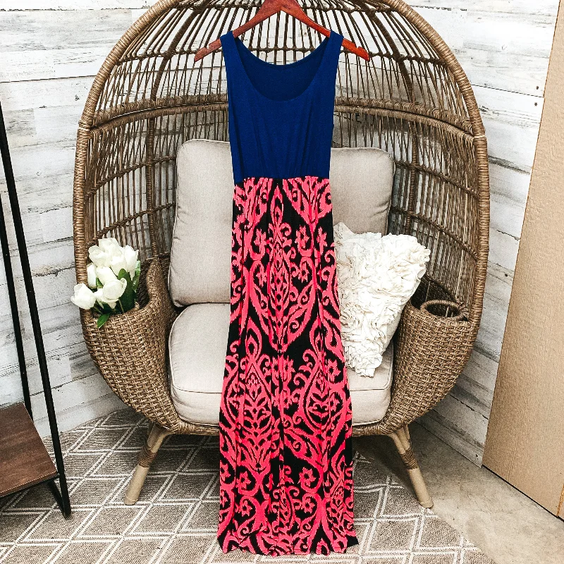 Urban Femme Streetwear Last Chance Size Small | Navy Blue Tank Maxi Dress with Hot Pink and Black Damask Pattern