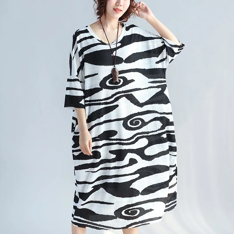 Limited Time Deal women black cotton knee dress trendy plus size casual dress New short sleeve asymmetric striped cotton dresses