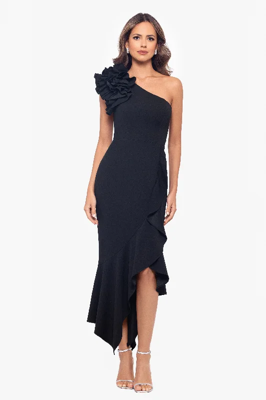 Stylish Savings "May" Midi Scuba Crepe Asymmetrical Ruffle Dress