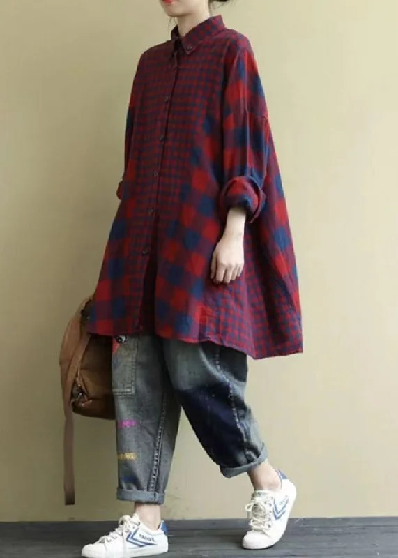 Sale Clothes Online Classy Red Oversized Patchwork Plaid Cotton Shirt Dress Fall