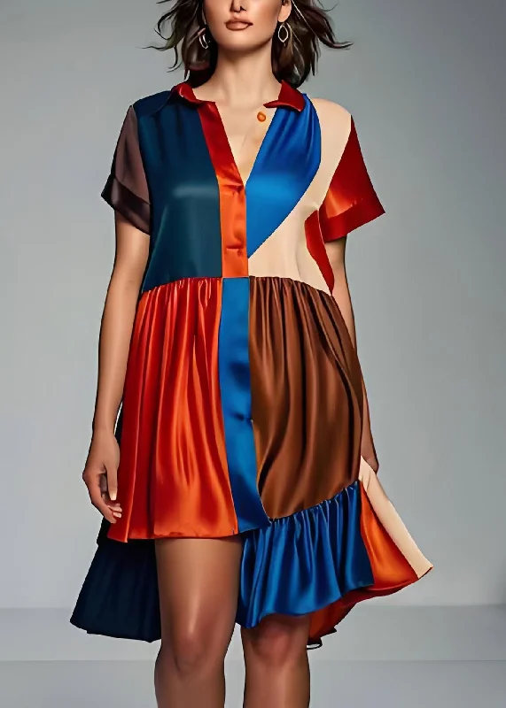 Valentine's Special Women Colorblock Asymmetrical Patchwork Silk Dress Summer