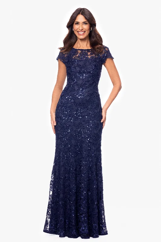 Unique Women's Fashion Pieces "Shayna" Floor Length Sequin Lace Short Sleeve Gown