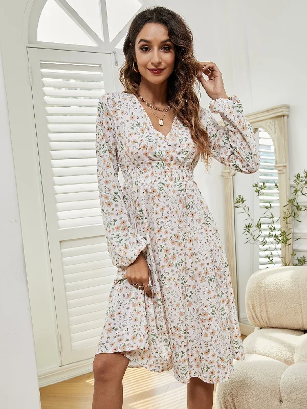 Versatile Outfits KittenAlarm - Women V Neck Elastic Waist Floral Print Long Sleeve Maxi Dress