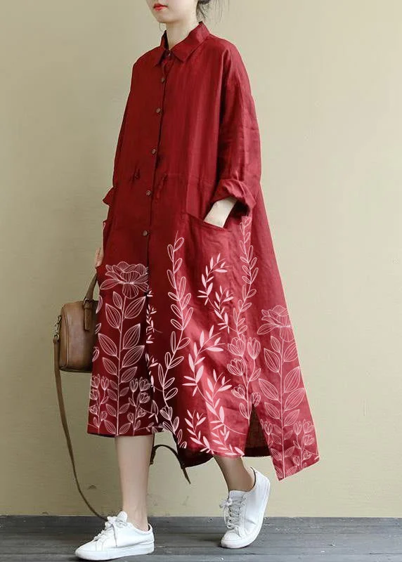 Big Sale Event Red-flowers Linen Shirt Dress Casual Oversize Spring Maxi Dresses