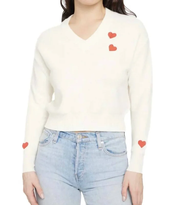 Massive Savings Lilla V Neck Sweater With Embroidered Hearts In Cloud