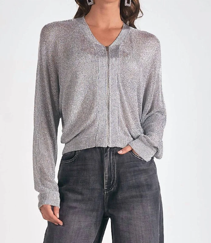 Style Versatile Women's Collection Metallic Zip Sweater Cardigan In Silver