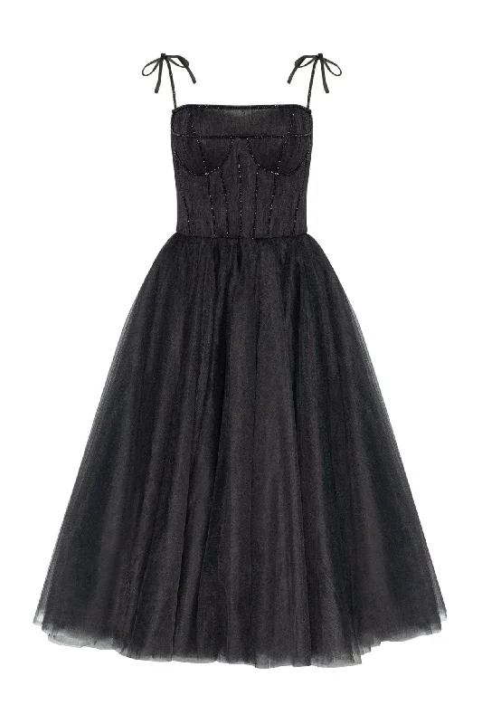 Chic And Trendy Black Tie-strap cocktail dress with the elegant corset embroidery