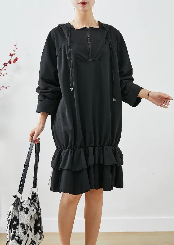 Trend Setting Wardrobe Women Black Oversized Patchwork Ruffles Cotton Dress Fall