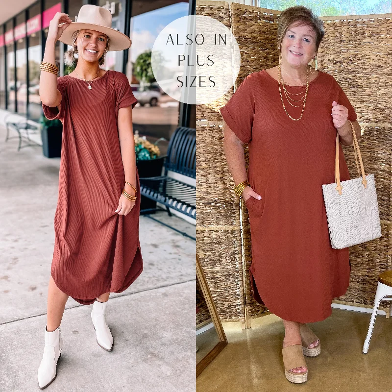 Athleisure Wear Chill Looks Short Sleeve Thin Ribbed Midi Dress in Cinnamon Red