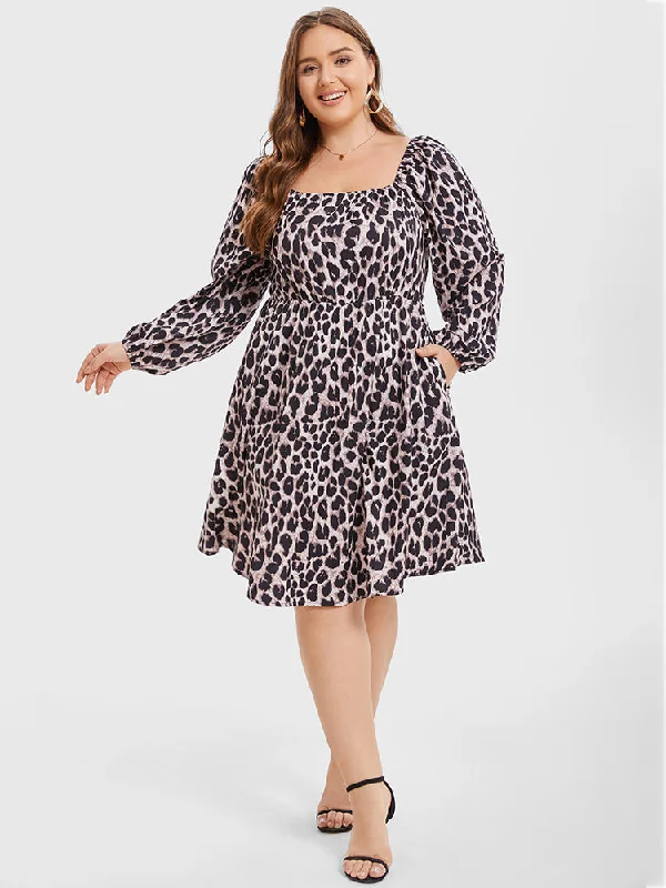 Sales Clothes Leopard Print Square Neck Belted Midi Dress