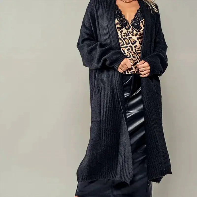 Ride The Style Wave Textured Soft Ribbed Knit Long Open Cardigan With Front Pockets One Sizewith Front Pockets In Black